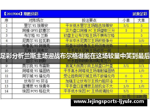 足彩分析兰斯主场迎战布尔格谁能在这场较量中笑到最后